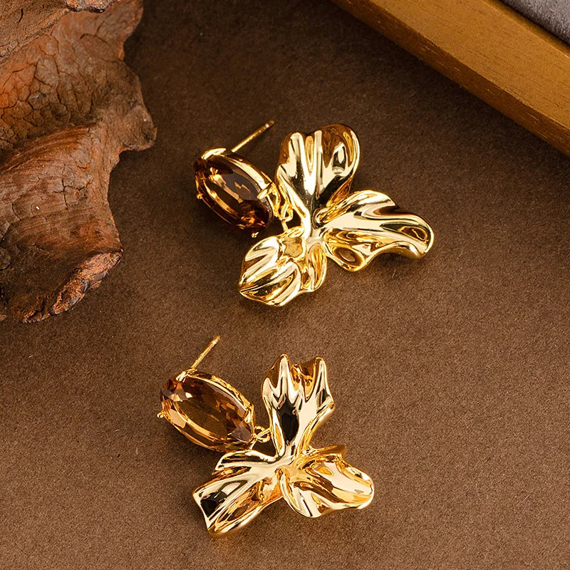 S925 Silver Needle Fashion Irregular Flower Diamond Zircon Earrings Femininity Versatile Premium Sense Plated Real Gold Earrings
