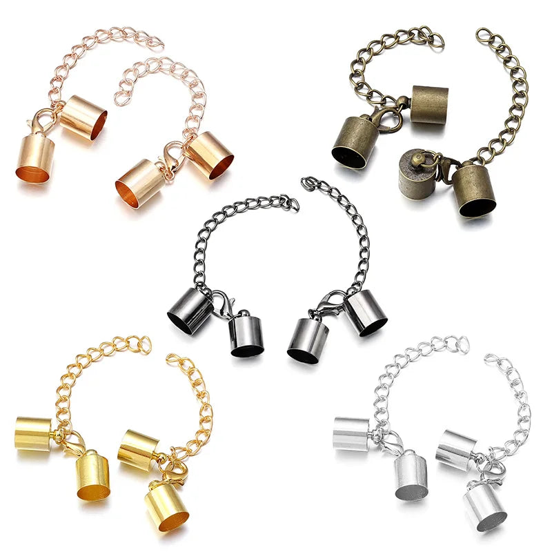 10Sets Leather Cord End Caps With Lobster Clasp Extending Chain For Jewelry Making DIY Bracelet Necklace Connectors Accessories