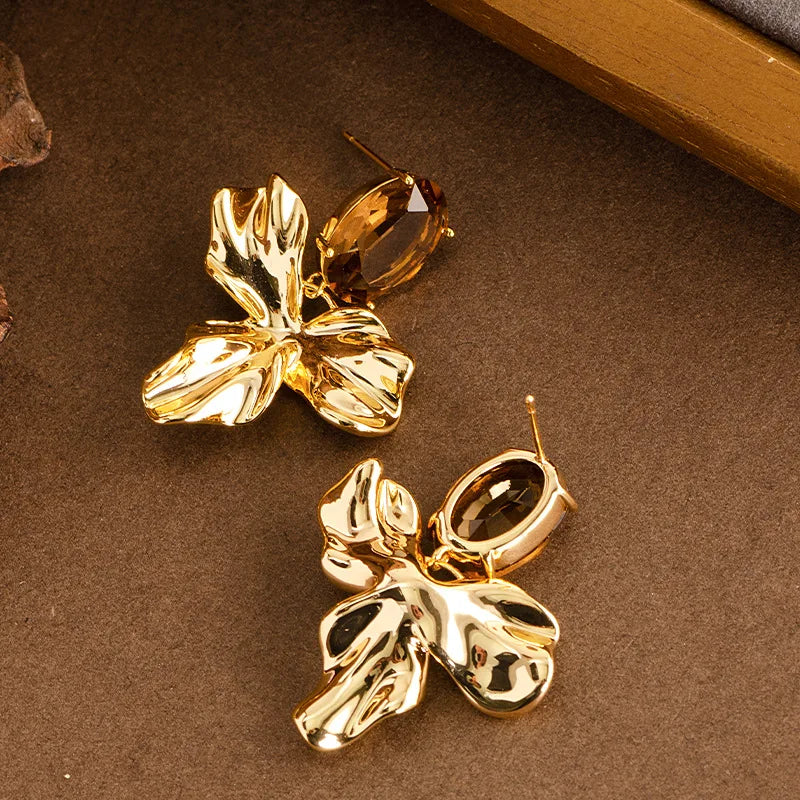 S925 Silver Needle Fashion Irregular Flower Diamond Zircon Earrings Femininity Versatile Premium Sense Plated Real Gold Earrings