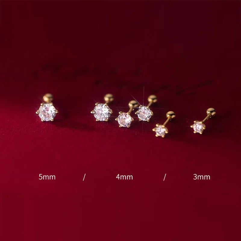 TrustDavis Real 925 Sterling Silver Fashion Gold Six Claw 3/4/5mm CZ Screw Stud Earrings For Women Wedding Fine Jewelry DA2712