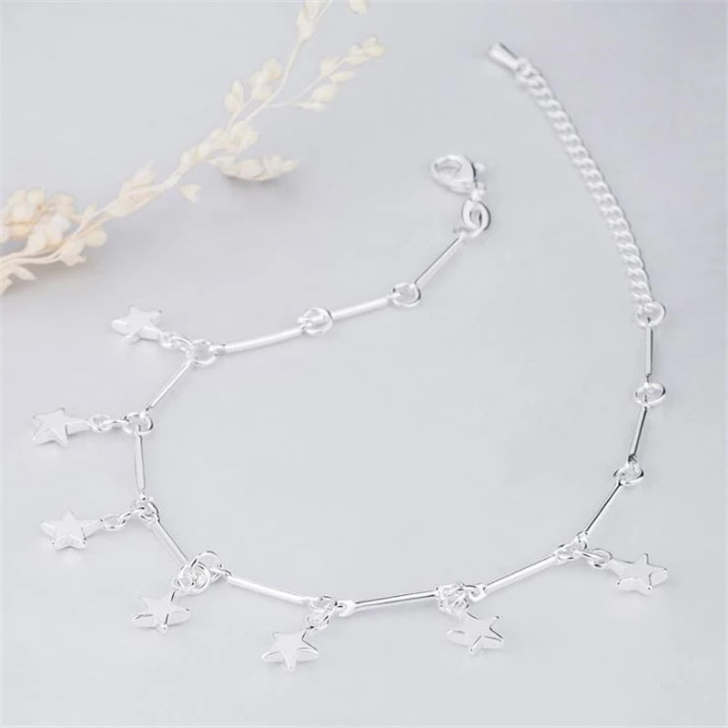 KOFSAC New 925 Sterling Silver Anklets For Women Charm Pentagram Ankles Chain Bracelets Girl Barefoot Sandal Beach Foot Jewelry