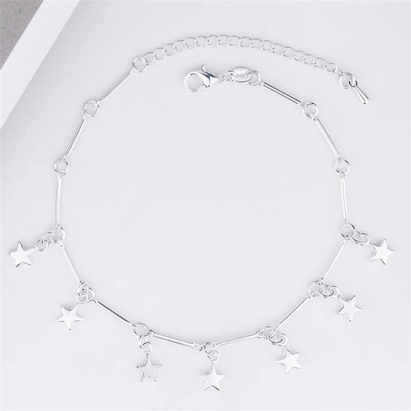 KOFSAC New 925 Sterling Silver Anklets For Women Charm Pentagram Ankles Chain Bracelets Girl Barefoot Sandal Beach Foot Jewelry