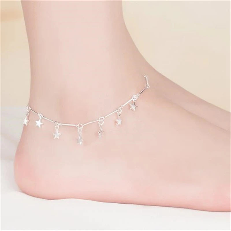 KOFSAC New 925 Sterling Silver Anklets For Women Charm Pentagram Ankles Chain Bracelets Girl Barefoot Sandal Beach Foot Jewelry
