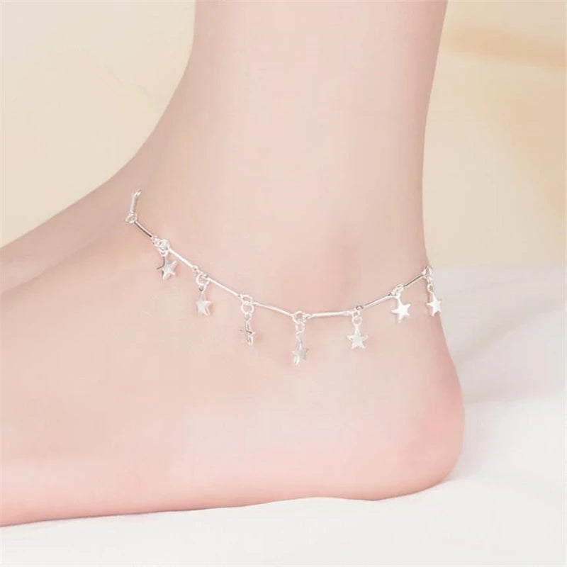 KOFSAC New 925 Sterling Silver Anklets For Women Charm Pentagram Ankles Chain Bracelets Girl Barefoot Sandal Beach Foot Jewelry