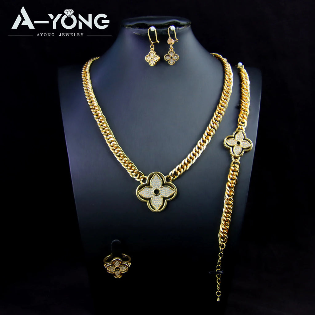 Italian Jewelry Set 21k Gold Plated Zircon Dubai Luxury Necklace Bracelet Earrings Ring Sets Women Wedding Birthday Party Gifts