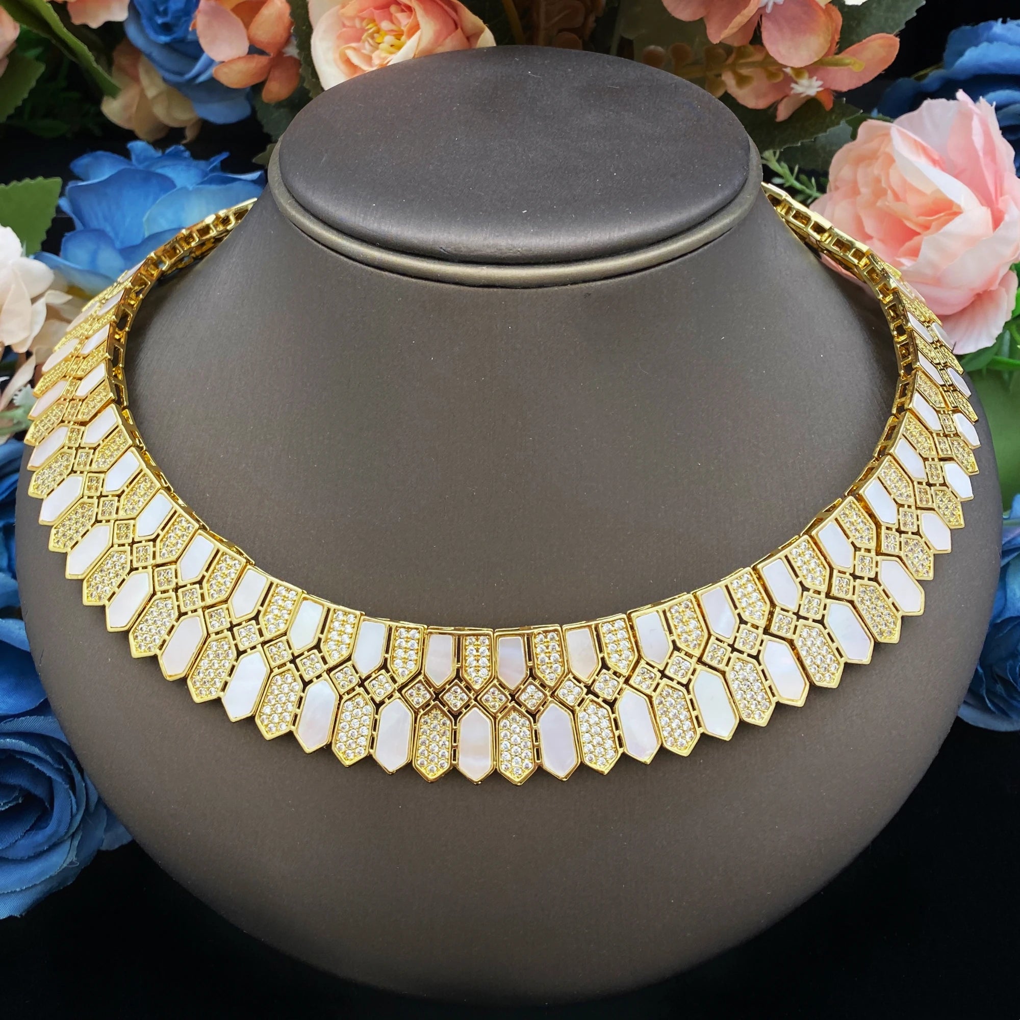 HOT  Jewelry Sets For Woman Wedding Parties Jewellery Necklace Earrings Rings Bracelets For Gift Plating18k With CZ White shell