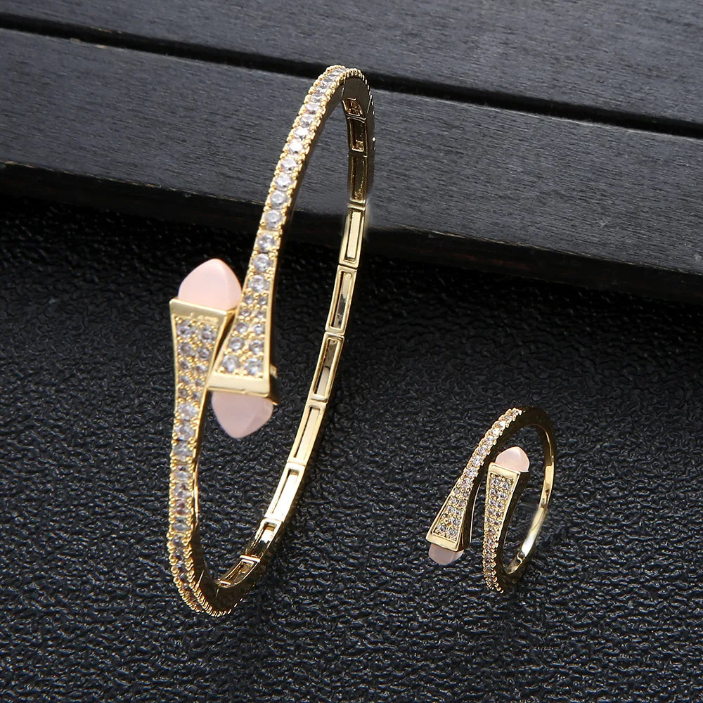 New jerseis Women's Fashion 2 Pcs Bracelet & Ring Set مجموعات المجوهرات Resin Simple Design Gold Open Cuff Bangle Jewelry Set