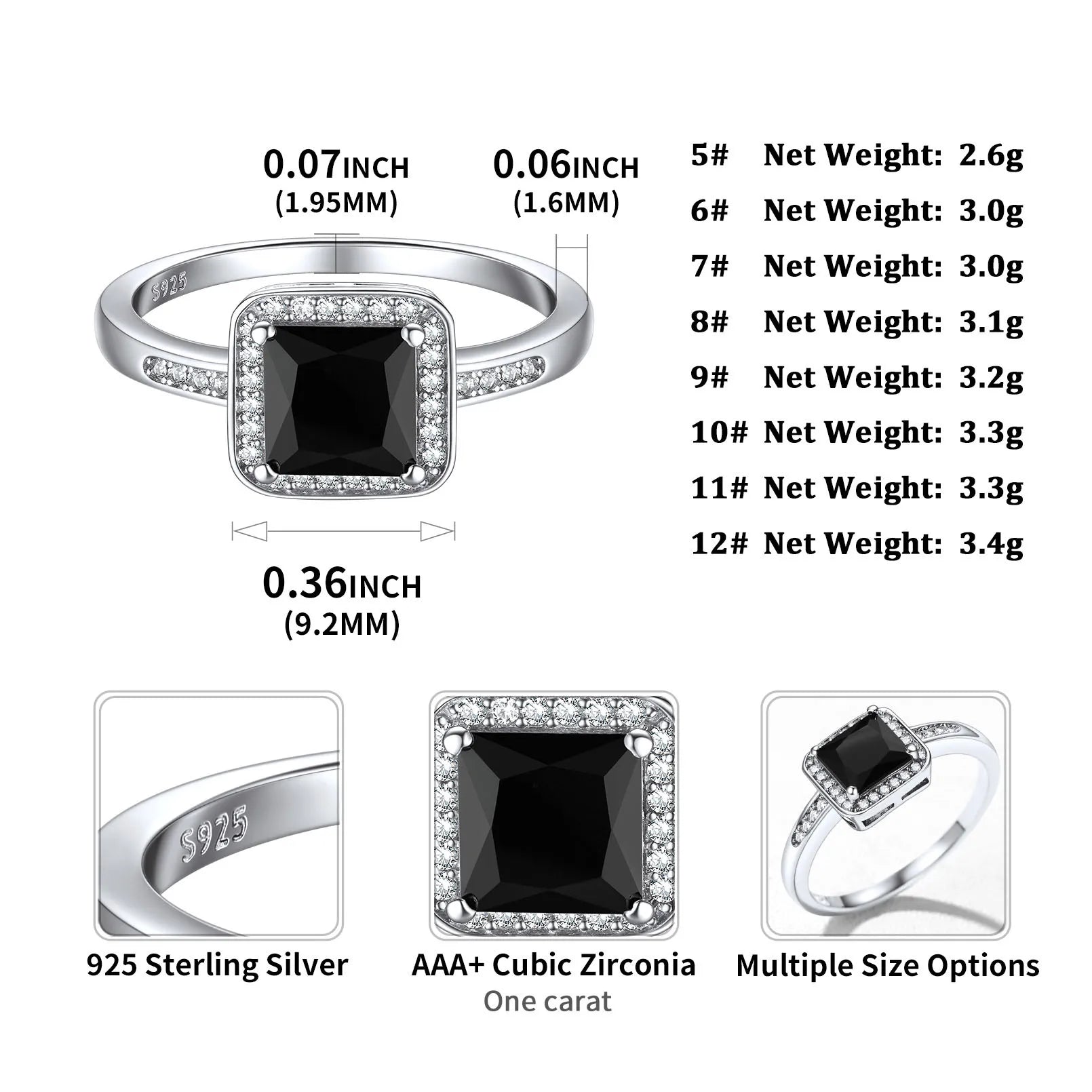 U7 925 Sterling Silver Wedding Rings for Woman Size 5 -12 Black White Crystal CZ Anniversary Dainty Jewelry Gift for Wife
