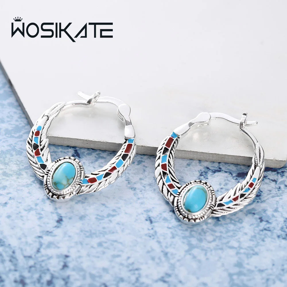 WOSIKATE Luxury Inlaid Turquoise Eagle Feather Earrings For Women Vintage 925 Silver Fashion Jewellery Party Wedding Earrings