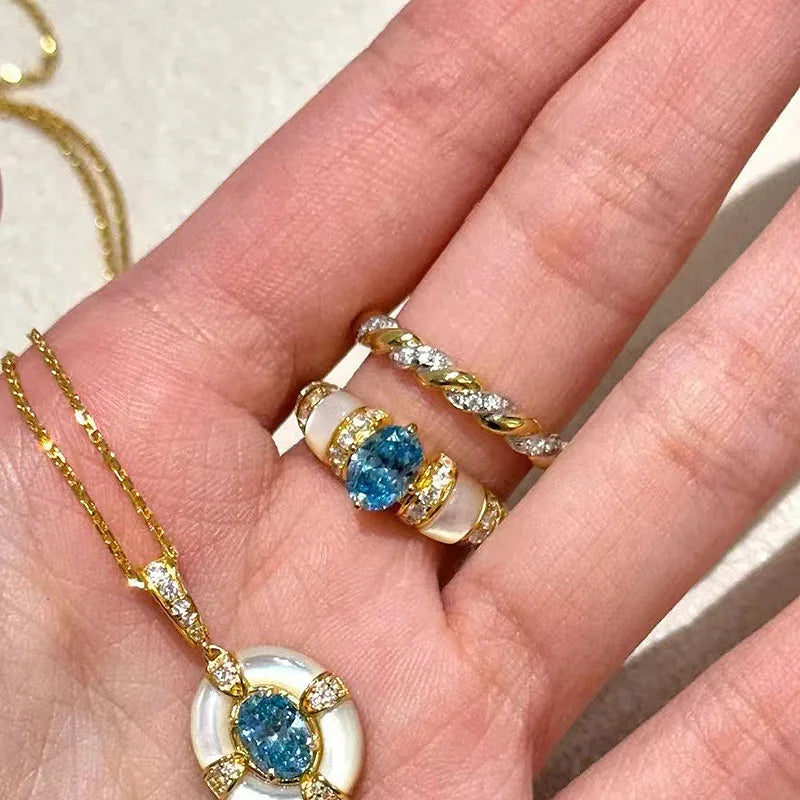 Classic blue jewelry sets dreamy aquamarine gem White Fritillaria ring necklace High quality palace style retro wedding gift