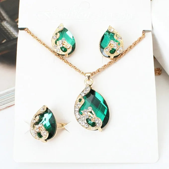 2025 Exquisite Jewelry Sets 5 Colors Crystal Earring/Necklace/Adjust Ring Noble Peacock Set Wedding Party Bijoux Accessories