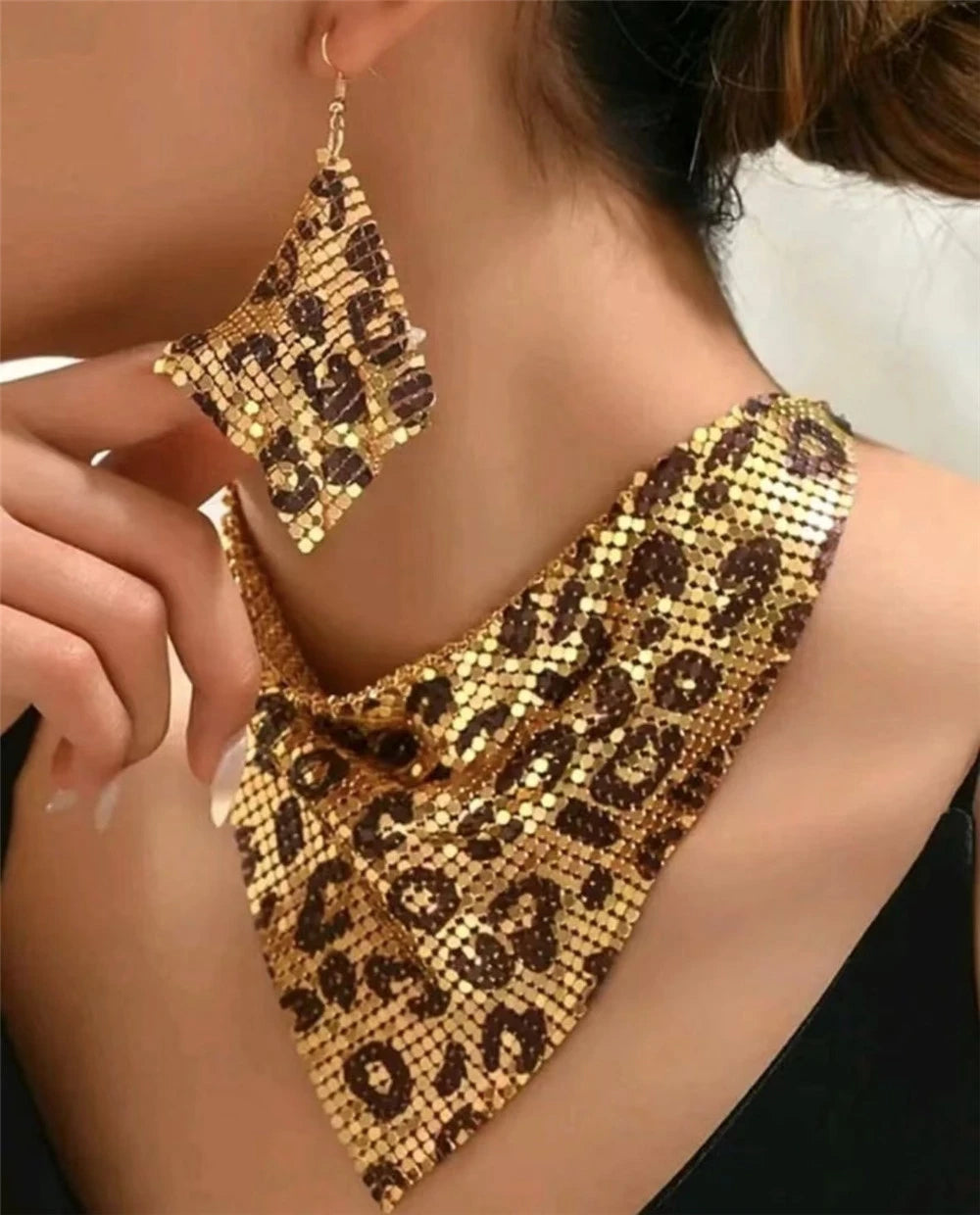 Fashion Leopard Print Jewelry Set, Sexy Bib Necklace & Dangle Earrings, Vintage Elegant Design, Versatile Stylish Accessor