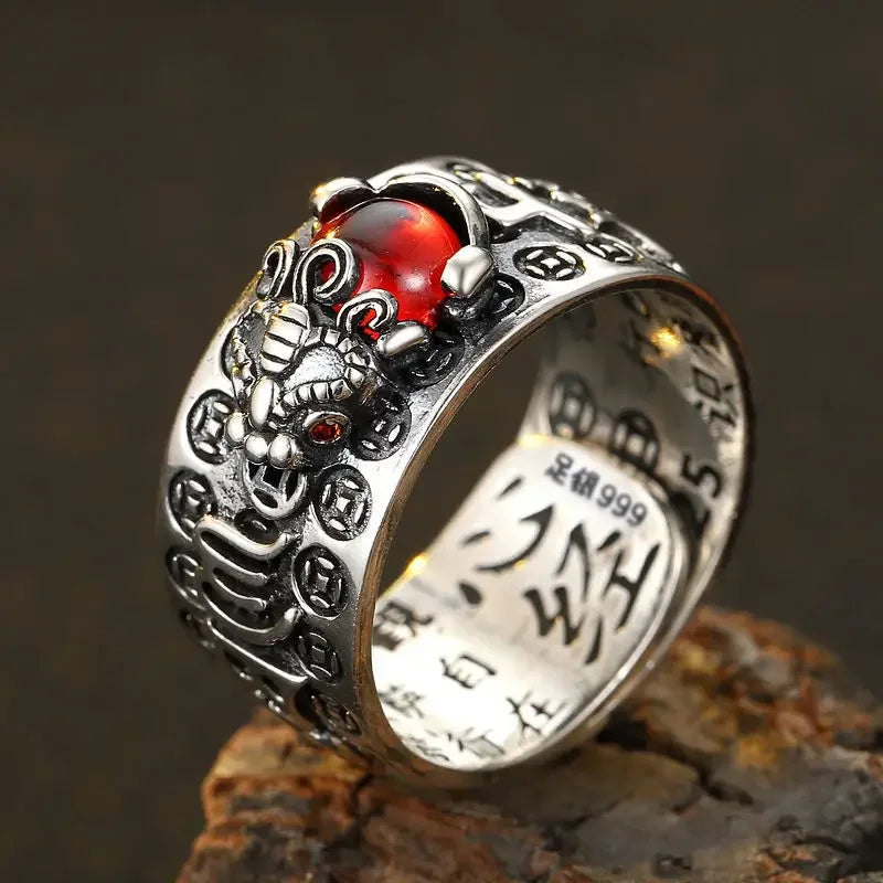 Six Character True Words for Men and Women Red Garnet Ring S925 Heart Sutra Thai Silver Mens Rings Rose Gold Vintage Jewelry