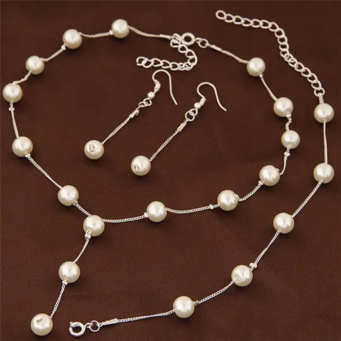 Charming White Pearl Necklace Bracelet Earring Jewelry Set Women Bridal Wedding Elegant Accessories