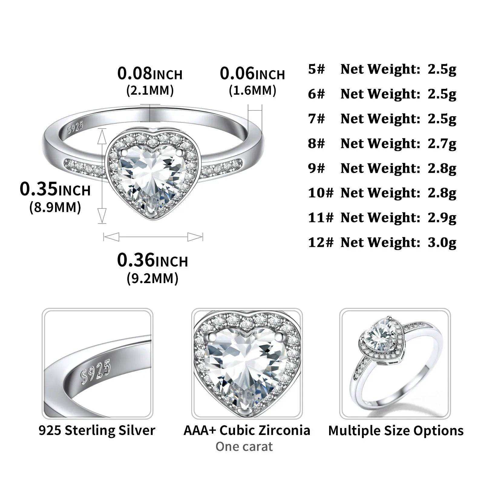 U7 925 Sterling Silver Wedding Rings for Woman Size 5 -12 Black White Crystal CZ Anniversary Dainty Jewelry Gift for Wife