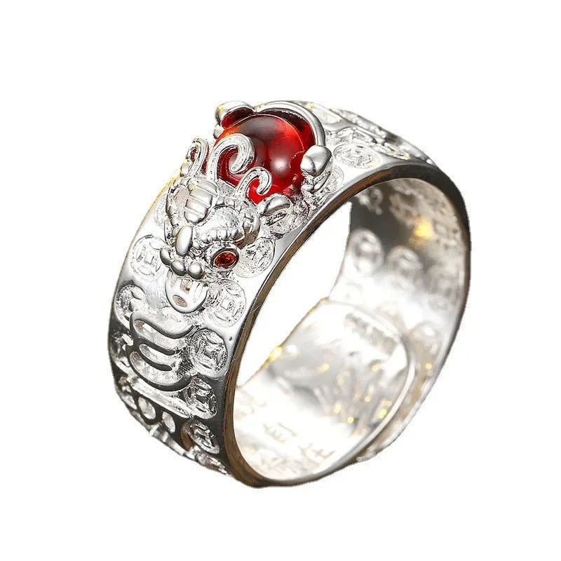 Six Character True Words for Men and Women Red Garnet Ring S925 Heart Sutra Thai Silver Mens Rings Rose Gold Vintage Jewelry