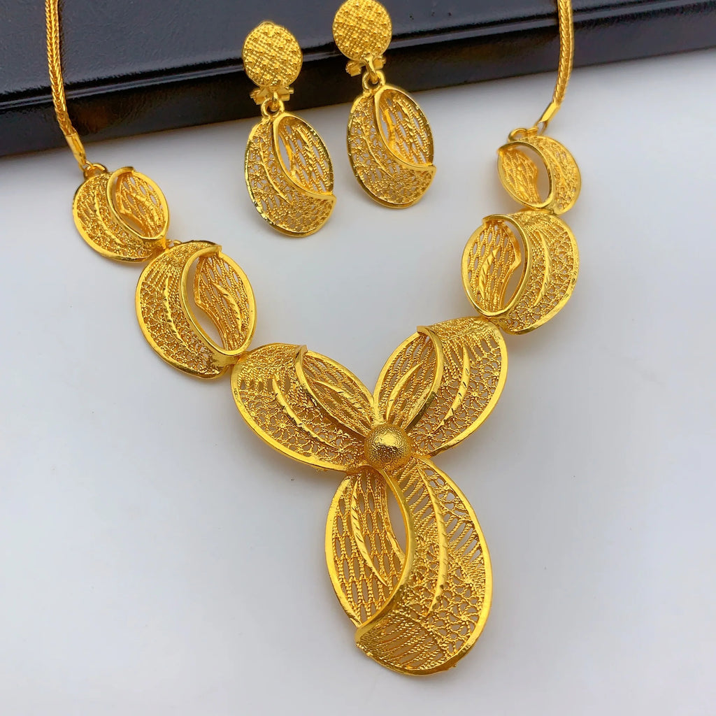 Indian Jewelry Set For Women Dubai African Nigeria Bridal 24K Gold Plated Necklace Earrings Wedding Party Jewellery Gifts