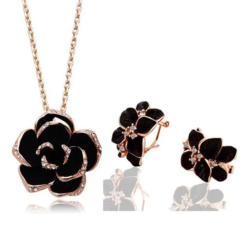 Black Flower Jewelry Set With Rhinestone Inlay, Including Necklace And Earrings, Elegant Fashion Accessories For Women