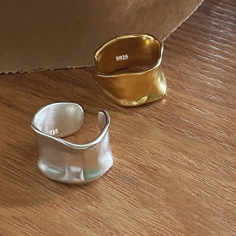 925 Sterling Silver Rings For Women Simple Finger Open Vintage Gold Wide Flat Ring Allergy For Party Birthday Gift