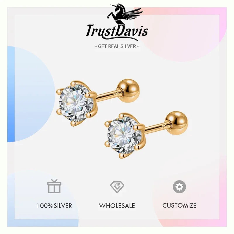 TrustDavis Real 925 Sterling Silver Fashion Gold Six Claw 3/4/5mm CZ Screw Stud Earrings For Women Wedding Fine Jewelry DA2712