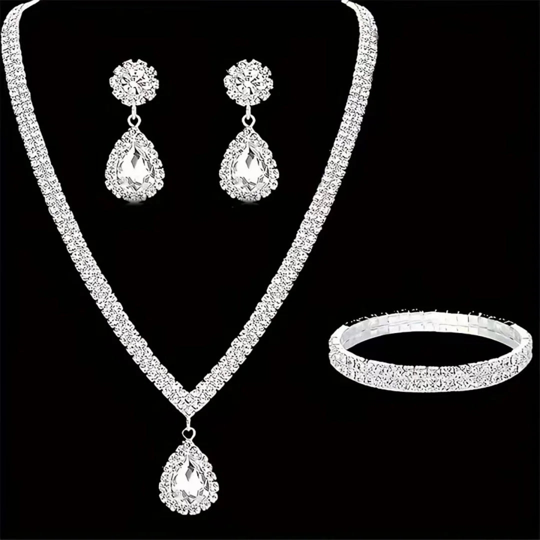 4 Pieces Luxurious Jewelry Set Exquisite Rhinestone Pendant Elegant Women's Crystal Silver Plated Necklace Earrings Bracelet Set