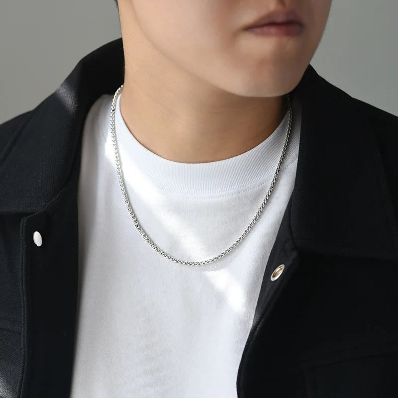 BOCAI Real S925 Silver Jewelry Chopin Chain Retro Personality Punk Style Men's Necklace Trendy Sweater Chain