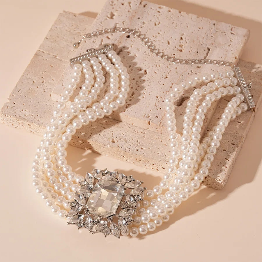 Elegant Costume Jewelry Set Wedding Large Crystal Earrings Multi Strand Bracelet and Imitation Pearl Choker Necklace for Women