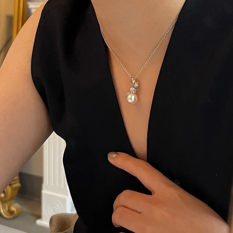 VENTFILLE 925 Sterling Silver Cat Pearl Necklace For Women Animal Retro Court Design Jewelry Birthday Gifts