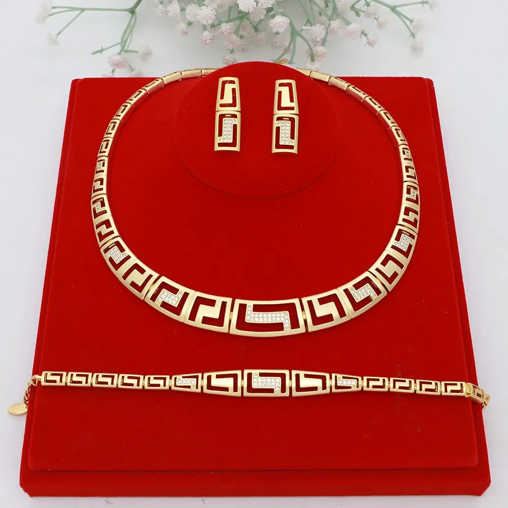Dubai Vintage Jewelry Sets For Women Luxury Design Shiny Zircon Gold Plated Necklace Earring Bangle Wedding Party Accessories