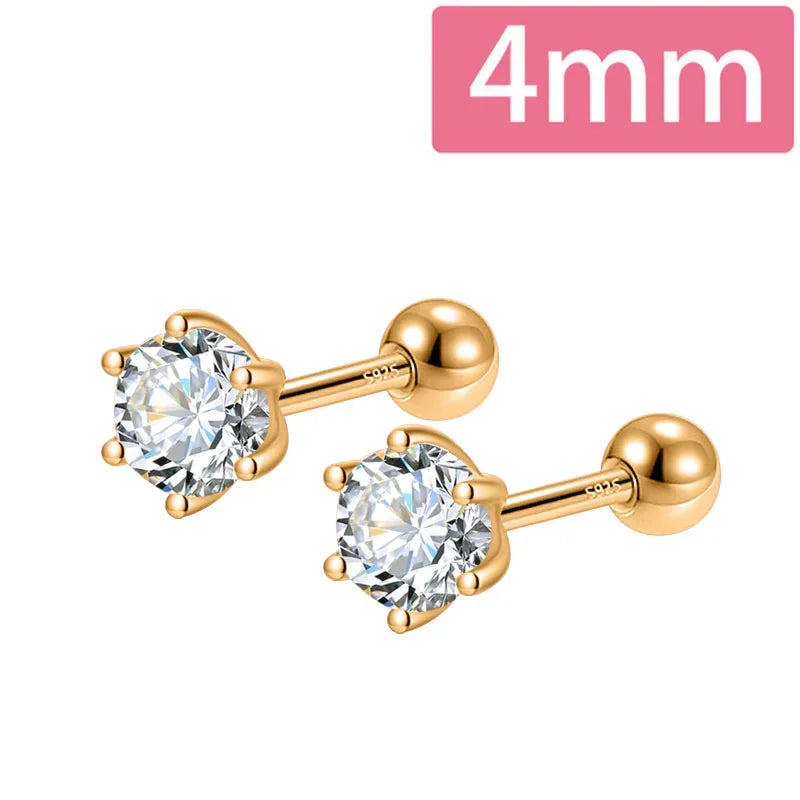 TrustDavis Real 925 Sterling Silver Fashion Gold Six Claw 3/4/5mm CZ Screw Stud Earrings For Women Wedding Fine Jewelry DA2712