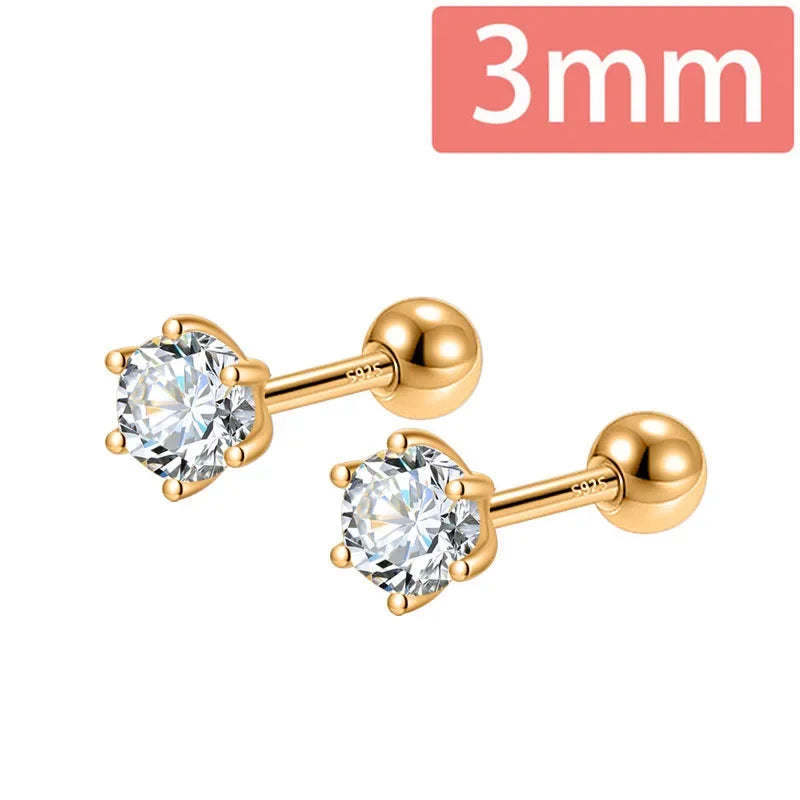 TrustDavis Real 925 Sterling Silver Fashion Gold Six Claw 3/4/5mm CZ Screw Stud Earrings For Women Wedding Fine Jewelry DA2712