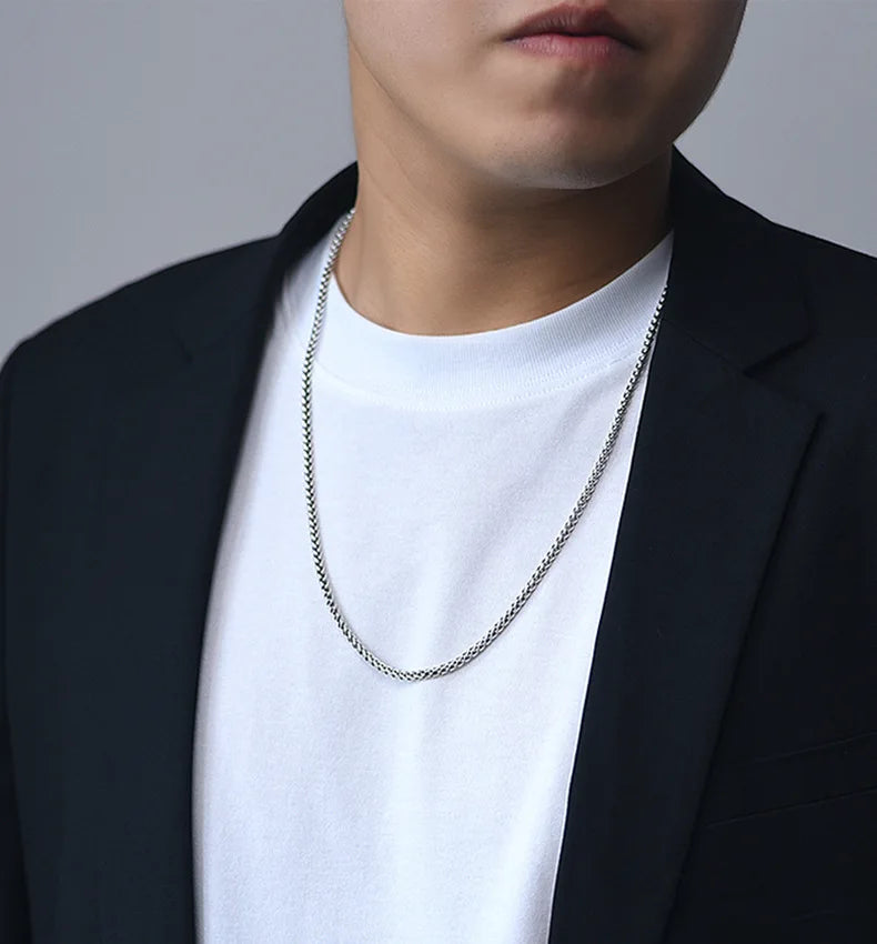 BOCAI Real S925 Silver Jewelry Chopin Chain Retro Personality Punk Style Men's Necklace Trendy Sweater Chain