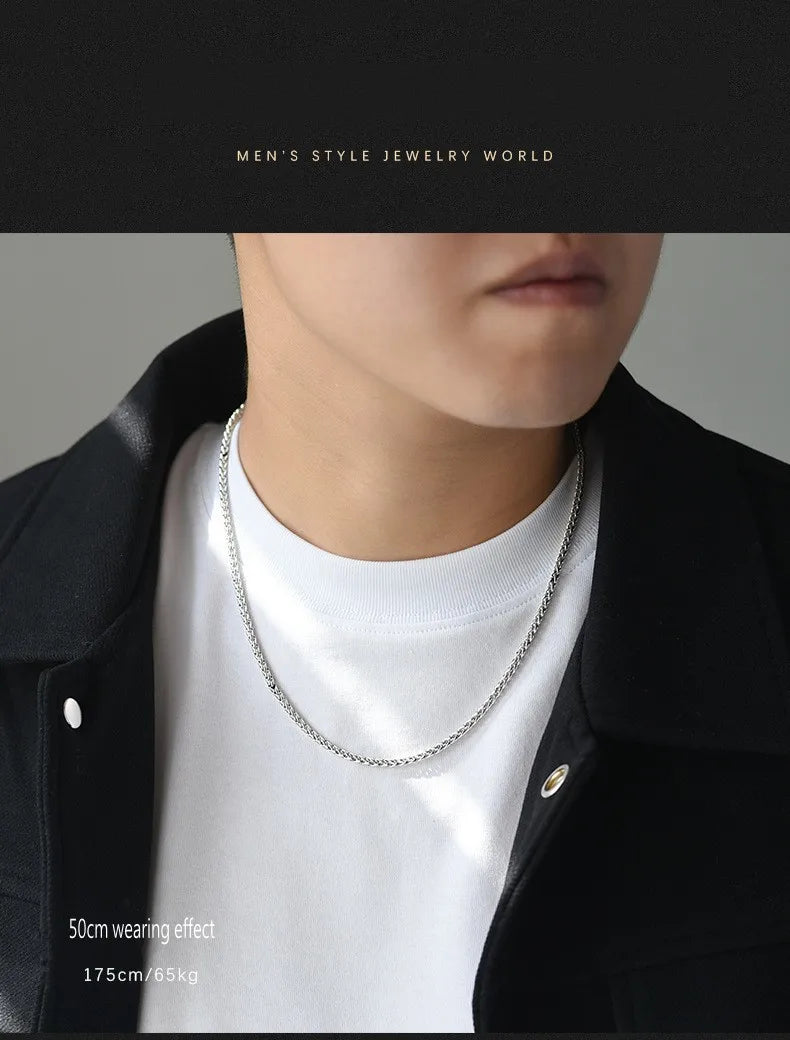 BOCAI Real S925 Silver Jewelry Chopin Chain Retro Personality Punk Style Men's Necklace Trendy Sweater Chain