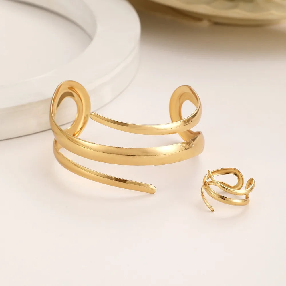 European and American Thick Bracelet and Ring Jewelry Set for Women Gold Color Geometric Line Bracelet Ring Combination Set Gift