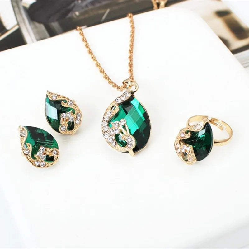 2025 Exquisite Jewelry Sets 5 Colors Crystal Earring/Necklace/Adjust Ring Noble Peacock Set Wedding Party Bijoux Accessories