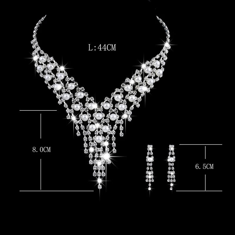 Luxury Long Tassels Jewelry Pearl Necklace Earing Set Crystal Zircon Wedding Bridal Jewelry Sets For Women Bijoux Mariage Zestaw