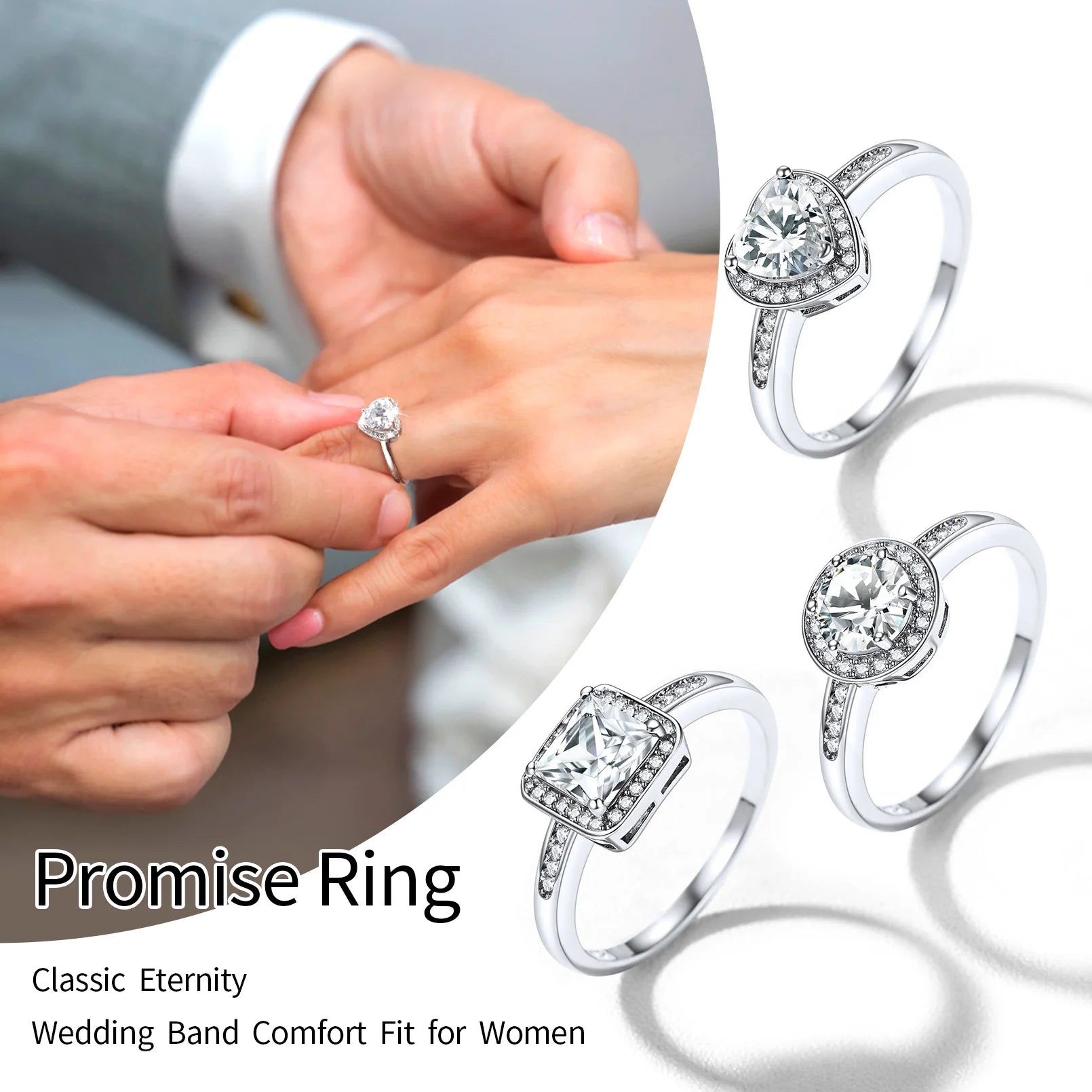 U7 925 Sterling Silver Wedding Rings for Woman Size 5 -12 Black White Crystal CZ Anniversary Dainty Jewelry Gift for Wife