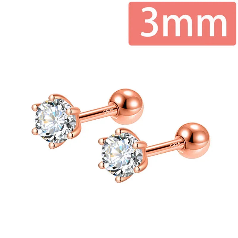 TrustDavis Real 925 Sterling Silver Fashion Gold Six Claw 3/4/5mm CZ Screw Stud Earrings For Women Wedding Fine Jewelry DA2712