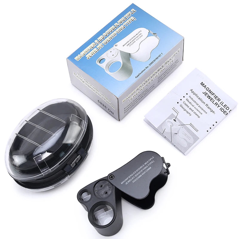 SMI 30X 60X Illuminated Jewelers Eye Loupe Magnifier, Foldable Jewelry Magnifier with Bright LED Light for Gems, Jewelry, Coins