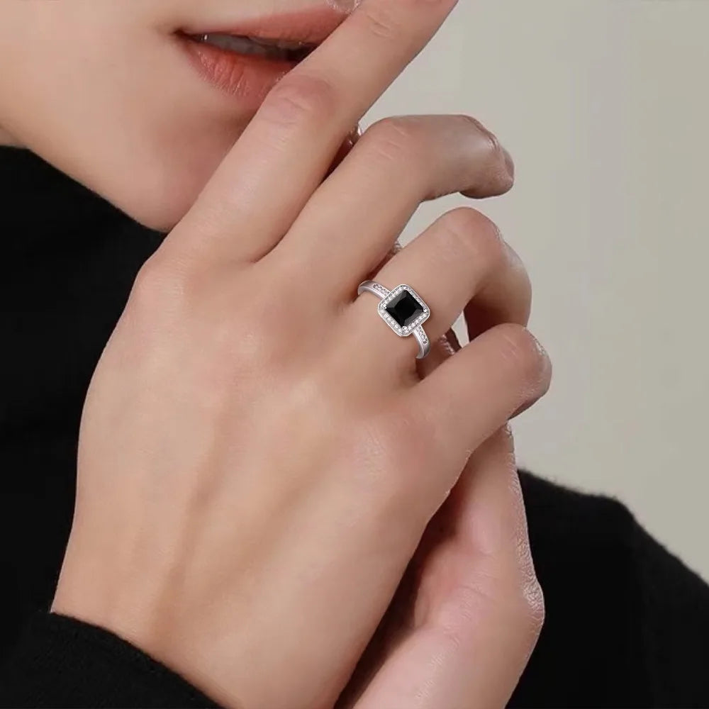 U7 925 Sterling Silver Wedding Rings for Woman Size 5 -12 Black White Crystal CZ Anniversary Dainty Jewelry Gift for Wife