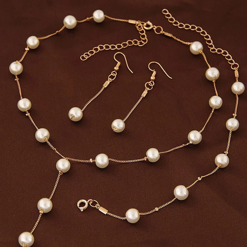 Charming White Pearl Necklace Bracelet Earring Jewelry Set Women Bridal Wedding Elegant Accessories