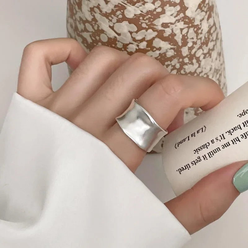 925 Sterling Silver Rings For Women Simple Finger Open Vintage Gold Wide Flat Ring Allergy For Party Birthday Gift