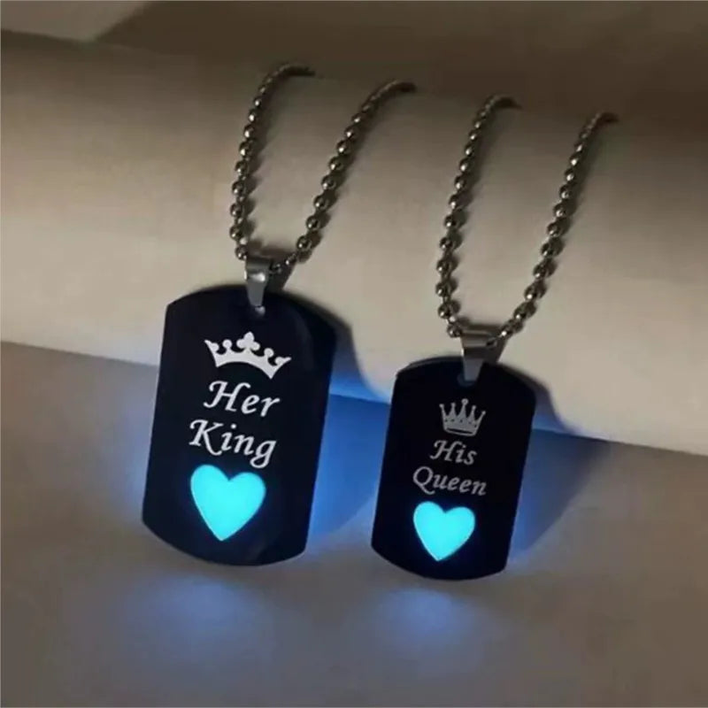 Stainless Steel Luminous Her King&His Queen Crown Jewelry Sets for Women Necklace Bracelet Ring Statement Couple Jewelry Gifts