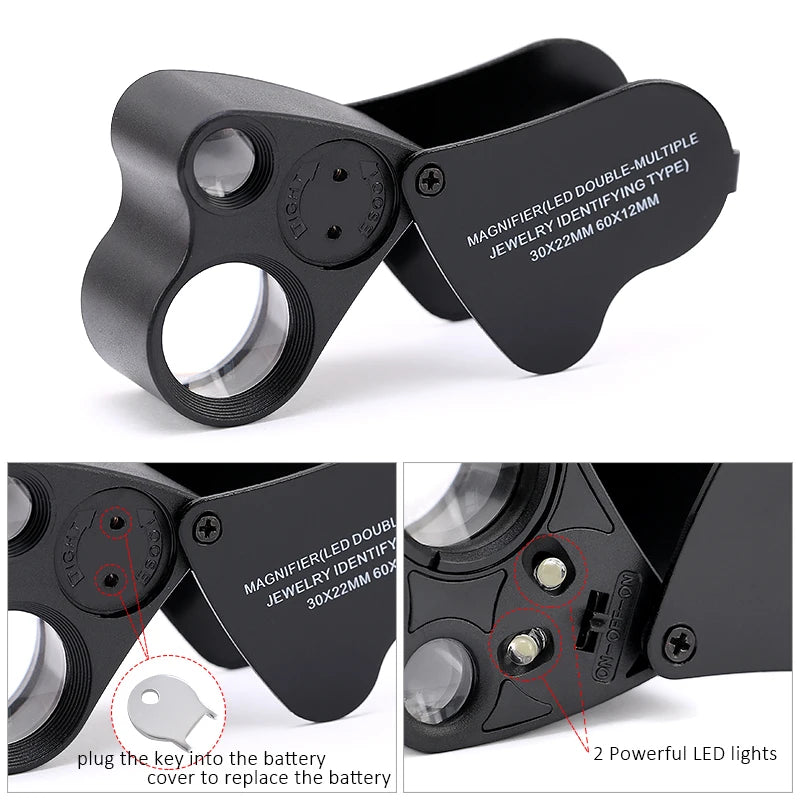 SMI 30X 60X Illuminated Jewelers Eye Loupe Magnifier, Foldable Jewelry Magnifier with Bright LED Light for Gems, Jewelry, Coins