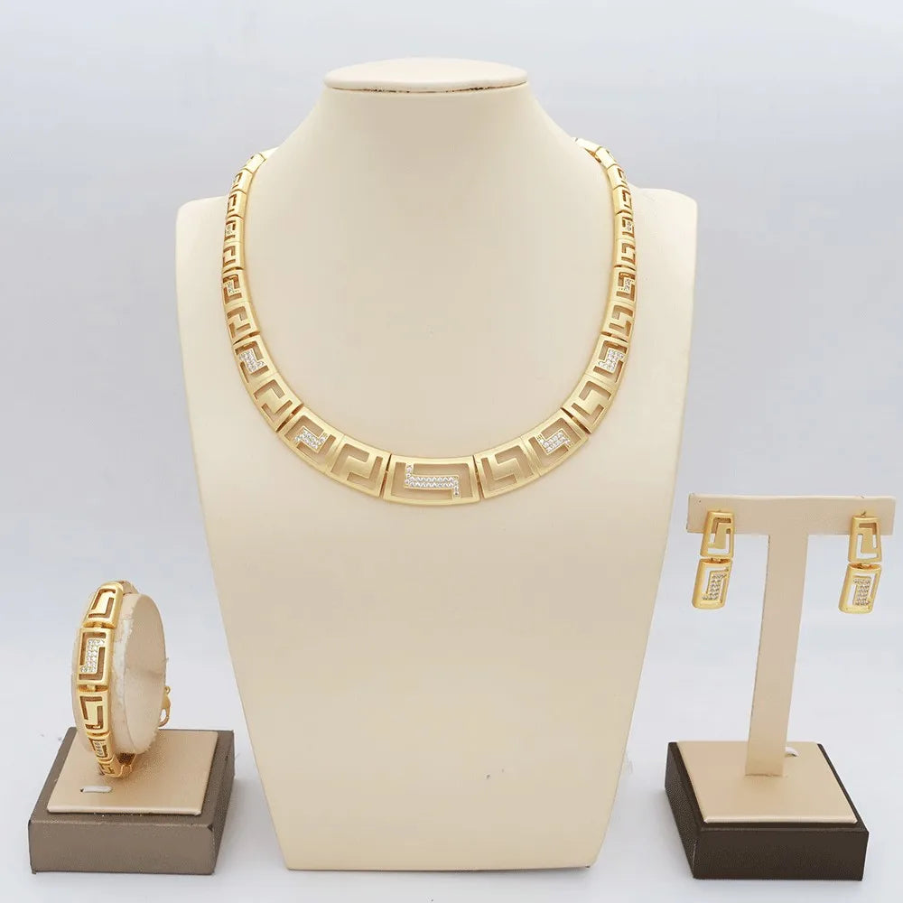 Dubai Vintage Jewelry Sets For Women Luxury Design Shiny Zircon Gold Plated Necklace Earring Bangle Wedding Party Accessories