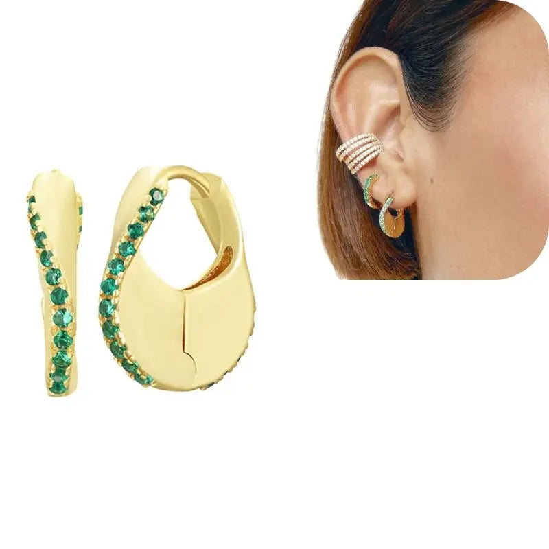 925 Sterling Silver Needle Luxury Green Series Small Hoop Earrings for Women 24K Gold Earrings Trend Jewelry Ear Accessories