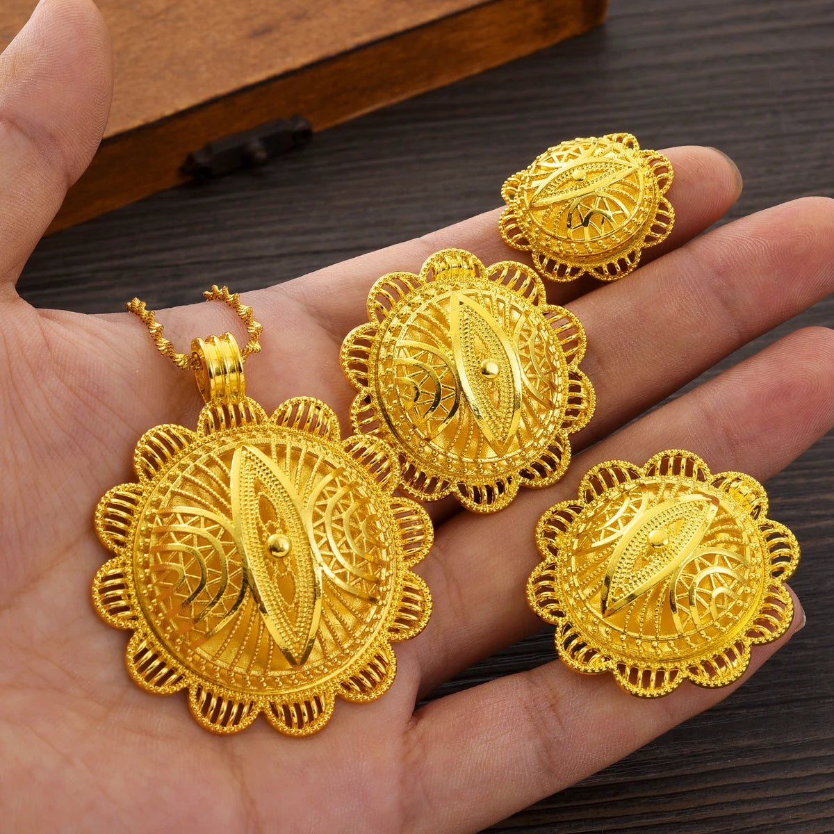 Gold Color Ethiopian Jewelry Sets Necklace Earrings Ring 3-piece Sets Dubai Wedding Bride Sets African Gifts #TZ053