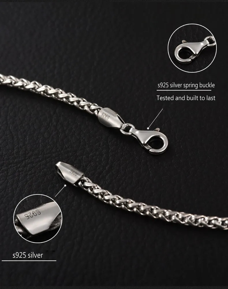 BOCAI Real S925 Silver Jewelry Chopin Chain Retro Personality Punk Style Men's Necklace Trendy Sweater Chain