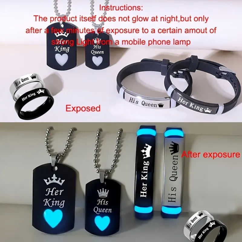 Stainless Steel Luminous Her King&His Queen Crown Jewelry Sets for Women Necklace Bracelet Ring Statement Couple Jewelry Gifts