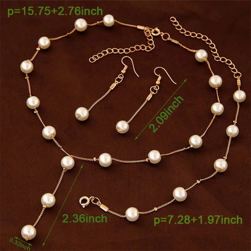 Charming White Pearl Necklace Bracelet Earring Jewelry Set Women Bridal Wedding Elegant Accessories